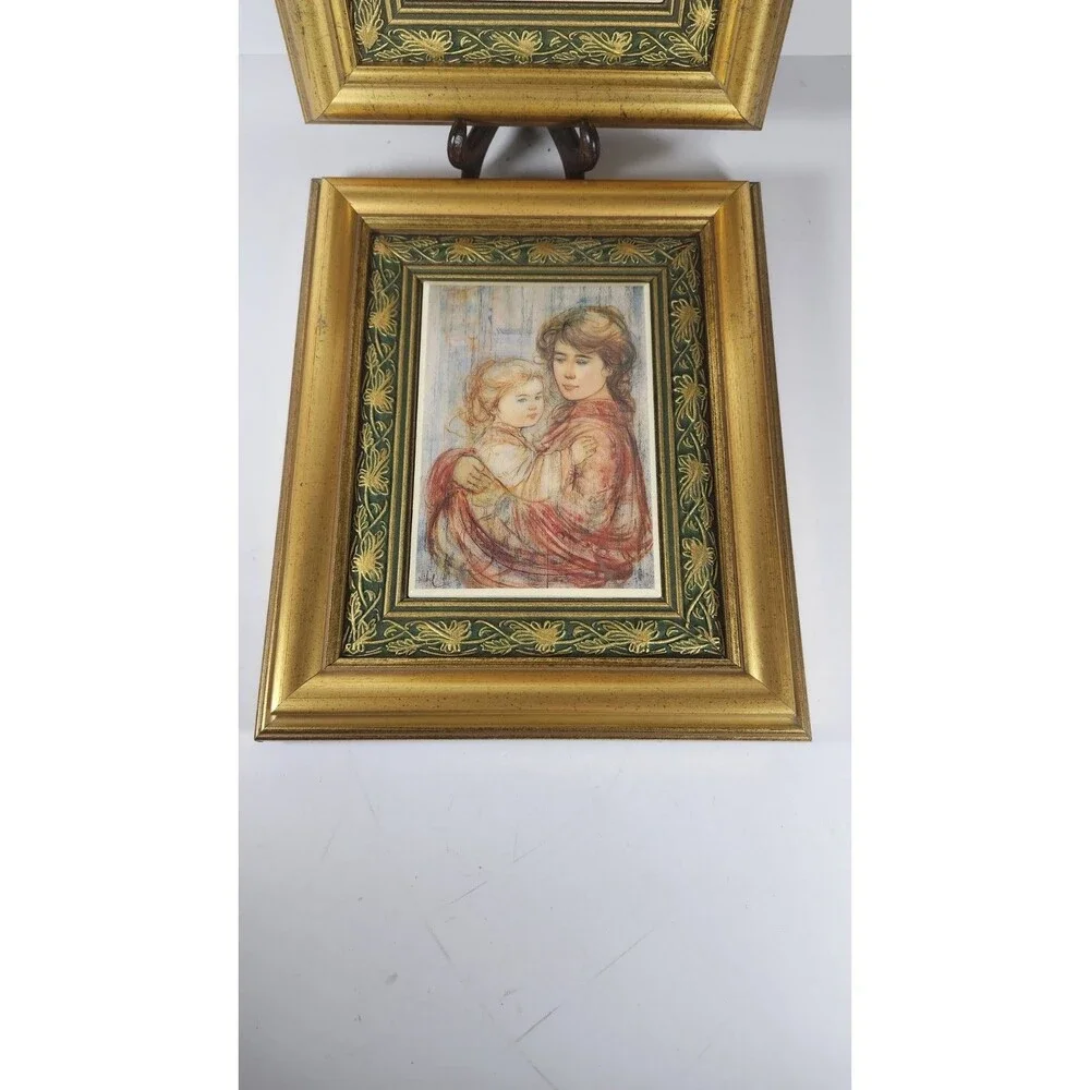 2 Signed Edna Hibel Framed Ceramic Tile Pieces 